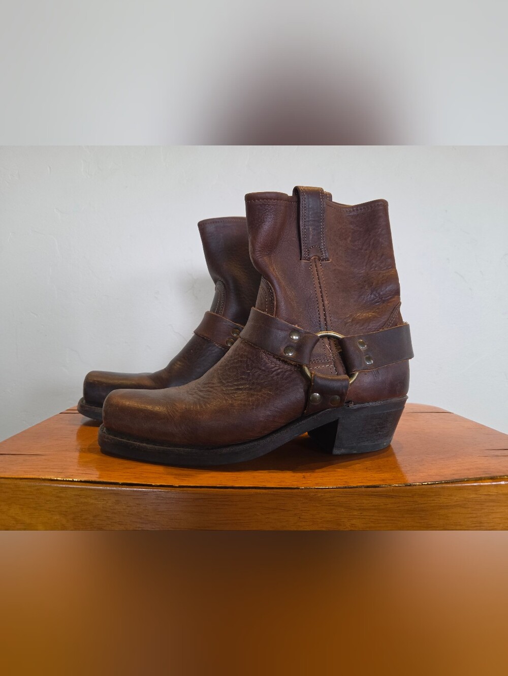 Frye Brown Leather Short Harness Boots With Square Toes